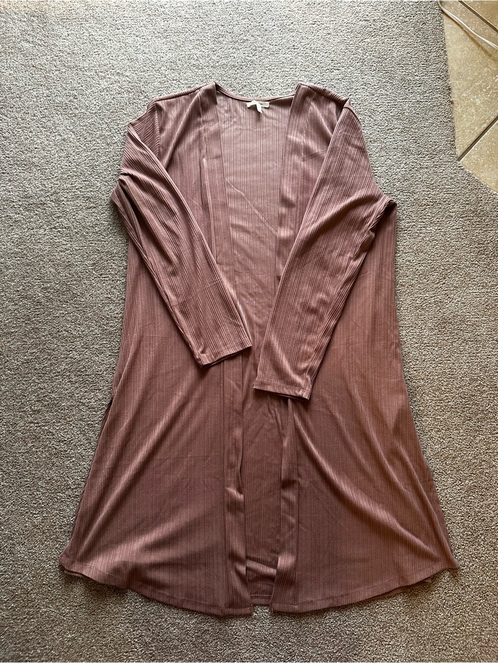 Ribbed Open-Front Long Duster Cardigan - Dusty Rose
